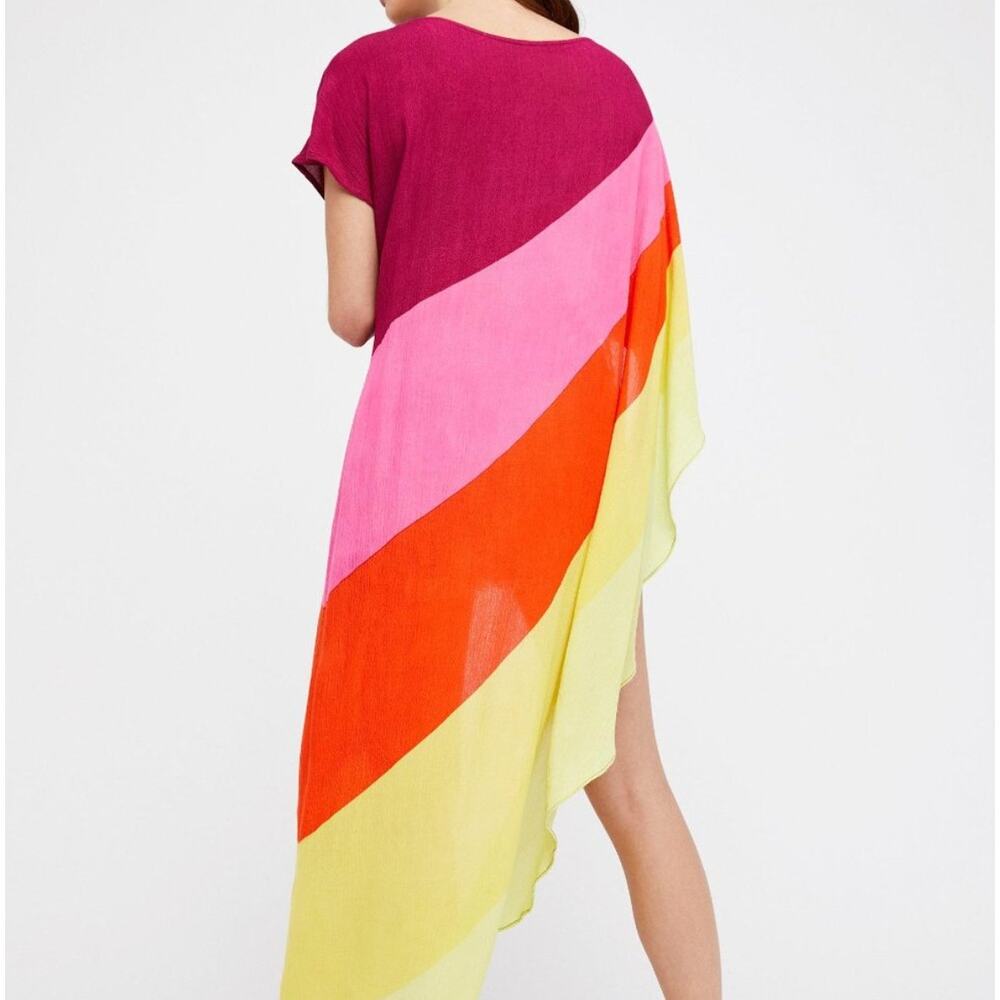 Free People Saachi NEON RAINBOW Striped Asymmetrical Rayon Top Maxi Kaftan Dress - Picture 3 of 10